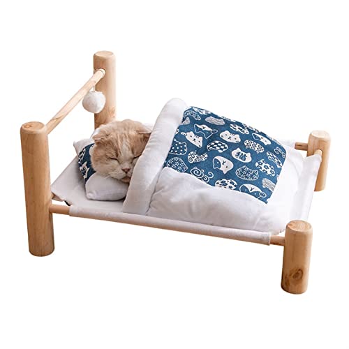 MNEVZX Hundebett Katzenbett aus Holz, Liege, Hängematte, Winter, warme Katzendecke, süßes Kätzchen, Katzen, Haus, Haustiere, Betten, kleine Hunde Haustierbett(Blue) von MNEVZX