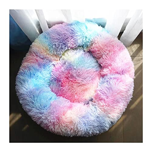 MNEVZX Hundebett Langes Plüsch-superweiches Schlafsofa, waschbares, buntes, rundes Bett, Winter, warme Hunde- und Katzenschlafmatte Haustierbett(Tie-Dyed Multicolor,30CM) von MNEVZX