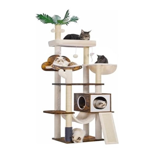 MNEVZX katzenbaum Kratzbaum aus Holz für Hauskatzen, Katzenwohnung für große Katzen mit Selbstpfleger, Katzenkratzturm mit Korb katzenkratzbaum(Rustic Brown) von MNEVZX