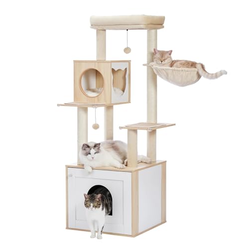 MNEVZX katzenbaum Mehrstufiger Kratzbaum aus Holz, großer Katzenturm mit Kratzbäumen, Hängematte für Katzen, Katzenschaber, Haustierbett katzenkratzbaum(Beige) von MNEVZX