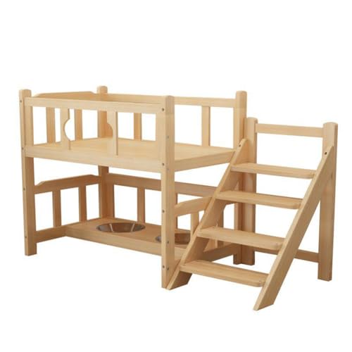 MNSSRN Holzhundbett mit Treppen und Leitplanken, 2-Schicht großes Haustierbett, geeignet für kleine Hunde und andere Haustiere,60x45x65cm von MNSSRN