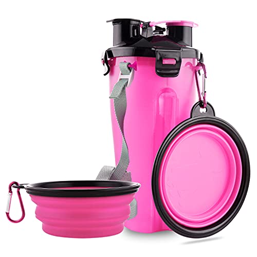 MOACC 800ml Tragbare Wasserflasche und Futterflasche 2-in-1 Trinkflasche mit 2 Faltschüsseln für Hunde, Hundenapf Faltbar Wassernapf für Camping, Spaziergang, Wandern und Training (Rosa) von MOACC