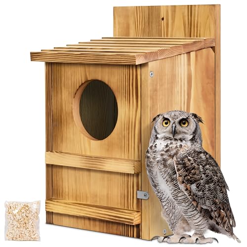 Screech Owl House, Eule Vogelhaus Groß Handgemachte Holz Kreise Öffnung Kreischbox für Außen mit Befestigungsschrauben und einem Beutel Holzspäne, Einfache Montage erforderlich von MOBYKE