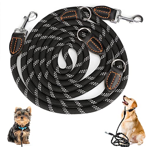 Hundeleine für große und mittelgroße Hunde - Verstellbare Doppelleine aus Nylon mit 2 Karabinerhaken und 3 Ringen - 3m x 15mm - Schwarze von MOCOBO