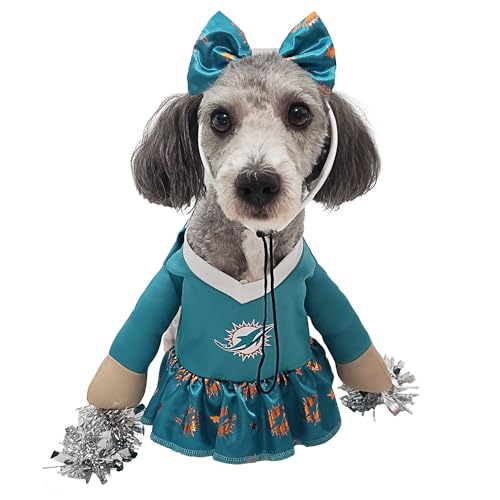 MODERN HERO NFL Miami Delfine, offiziell lizenziertes Cheer-Hundekostüm, enthält Kleid mit ausgestopften Armen und Lametta-Bommeln und Haarreif mit Satinschleife, Größe M von MODERN HERO