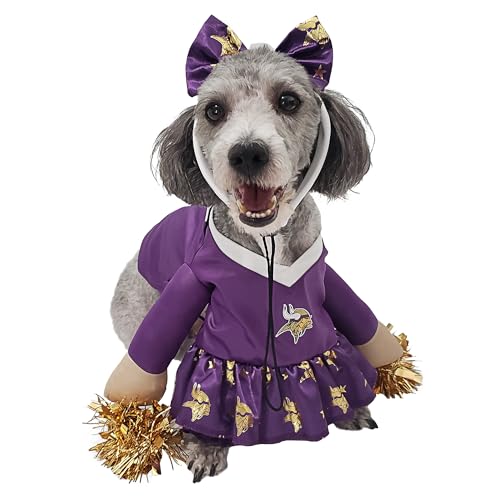 MODERN HERO NFL Minnesota Vikings Hundekostüm, offiziell lizenziertes Cheer-Hundekostüm, bestehend aus Kleid mit ausgestopften Armen und Lametta-Bommeln und Haarreif mit Satinschleife, Größe XS von MODERN HERO