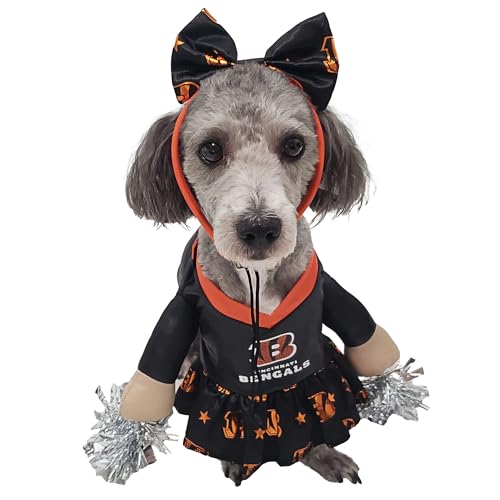 NFL Cincinnati Bengals Hundekostüm, offiziell lizenziertes Cheer-Hundekostüm von MODERN HERO bestehend aus Kleid mit ausgestopften Armen und Lametta-Bommeln und Haarreif mit Satinschleife, Größe XS von MODERN HERO