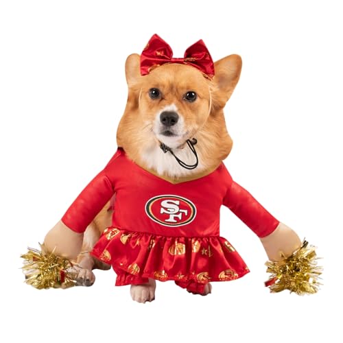 NFL Kansas City Chiefs offiziell lizenziertes Cheer Dog Kostüm von MODERN HERO inklusive Kleid mit künstlichen gefüllten Armen und Lametta-Bommeln und Satin-Schleifen-Stirnband, Größe L von MODERN HERO