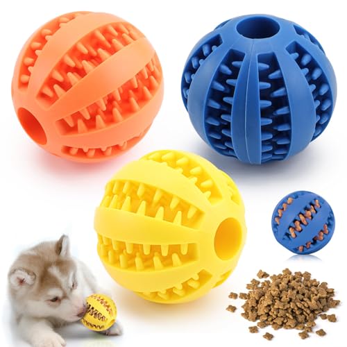 MOERDIFFER Futterball für Hunde, 3 Stück Zahnpflege Hunde Spielsachen, Hundespielzeug Intelligenz Ball, Naturgummi Hund Feeder Ball, Hunde Kauen Leckerli Ball Für Hunde(7 cm, Blau+Orange+Gelb) von MOERDIFFER