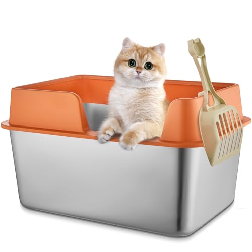 Edelstahl Katzenstreu Box, Extra große Gehäuse Streu Box mit Deckel für kleine und große Katzen, High Sided Streu Box mit Scoop, Nicht klebrige Anti-Leckage leicht zu reinigen (orange) von MOFIC