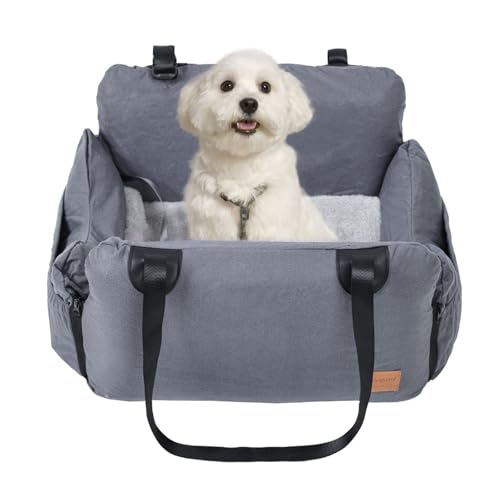 Hundeautositz, Haustier Auto Booster Sitz für kleine Hunde Katzen, Hundesitz mit Sicherheitsgurt und Aufbewahrungstasche, Abnehmbarer Airbag, Waschbarer Hundesitz Auto für Reisen (grau, eine Größe) von MOFIC