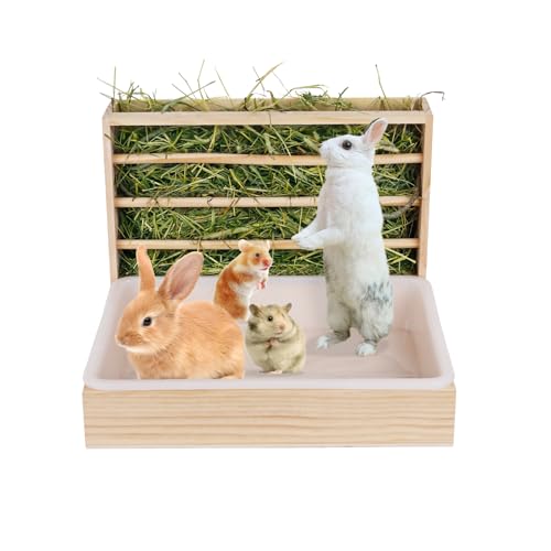 MOGOULUA 3-in-1 Kaninchen-Heu-Futterstation mit Katzentoilette, Wasserflasche, Futternäpfe für Haustiere, Holz, Heuraufe für kleine Haustiere, Kaninchen, Hamster, Meerschweinchen von MOGOULUA