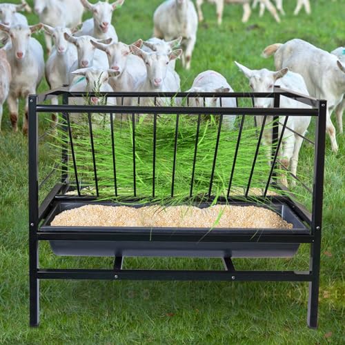 MOGOULUA Großes Heuraufe für Ziegen 2 in 1 Hay & Grain Feeder für Pferde Heavy-Duty große Kapazität Schafe Feeding Cart für Schafe Ponys Alpakas Kälber Heuraufen Futtertrog für Corral Stallungen von MOGOULUA