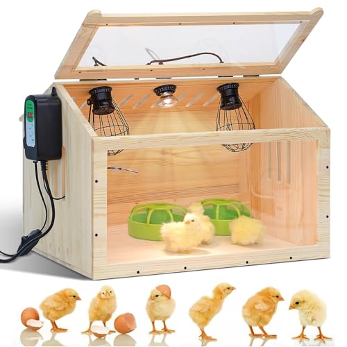 MOGOULUA Hühnerbrutkasten Groß Holz Brutbox mit Intelligentem Thermostat 2 Temperaturregelung & 3 Wärmelampen Zuchtbox für Küken Baby Wachteln Enten Hamster 58x40x40cm von MOGOULUA