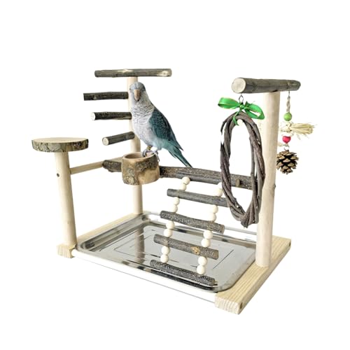 Kleine Vogelkäfig-Sitzstange mit Futterschalen und Kottablett für Papageien, stehende Sitzstange, Vogelkäfig-Spielzeug für Nymphensittiche und Sittiche im Innenbereich von MOIDHSAG