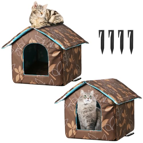 2 x Katzenhaus für Outdoor-Katzen, wetterfeste Outdoor-Katzenhäuser für wilde Katzen mit 4 Zeltheringen, 2 braunen Blätterdruck, Katzenhaus/Hundehaus, faltbar, streunende Katzen von MOJIEZUO