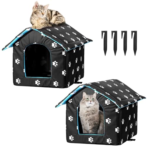 MOJIEZUO 2 x Katzenhaus für Outdoor-Katzen, wetterfeste Outdoor-Katzenhäuser für wilde Katzen mit 4 Zeltheringen, 2 schwarze Pfotenabdruck-Katzen, Hundehaus, faltbar, streunende Katzen von MOJIEZUO