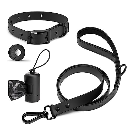 Mojo Pet Supply Hydro Hunde-Walking-Set mit wasserdichtem Hundehalsband + Leine mit gepolstertem Komfortgriff und Kotbeutelspender + wasserabweisender AirTag-Halterung (schwarz) von MOJO