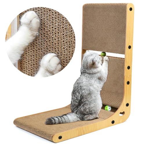 Kratzbrett Katzen - L Förmige Kratzpappe für Katzen, 60cm Hohe Kratzbretter Katze, Groß Katzenkratzbrett mit Ballspielzeug, Katzen Kratzmöbel aus hochwertiger Karton für Wand und Ecke von MOKHT