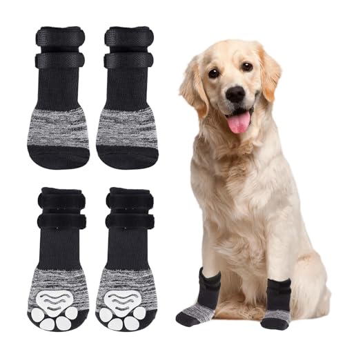 MOKIDO 4 Stück Hundesocken, Hundesocken Leckschutz, Anti-Rutsch Hundesocken mit Verstellbaren Riemen für Innenbereich, Hundeschuhe Pfotenschutz für Hartholzböden (Schwarz, M) von MOKIDO