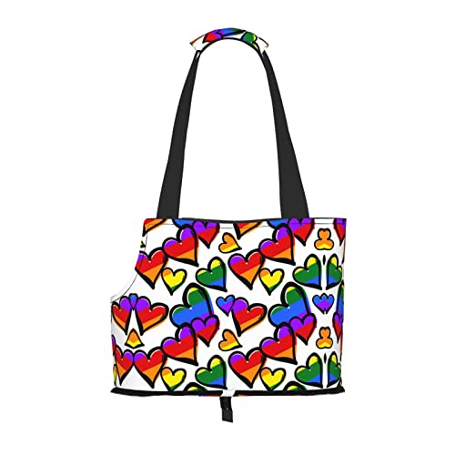 Regenbogenfarbene Haustier-Tragetasche mit Herzmotiv, Hunde-Reisetasche, Katzentragetasche, tragbare Tragetasche für kleine bis mittelgroße Katzen und kleine Hunde von MOLIAE