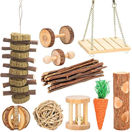 MOLKASIA 10 Stück Kauspielzeug Kaninchen Leckereien Kugeln Swing Tube Gras Kuchen Holz Sticks für Kaninchen Chinchilla Zähne Schleifen von MOLKASIA