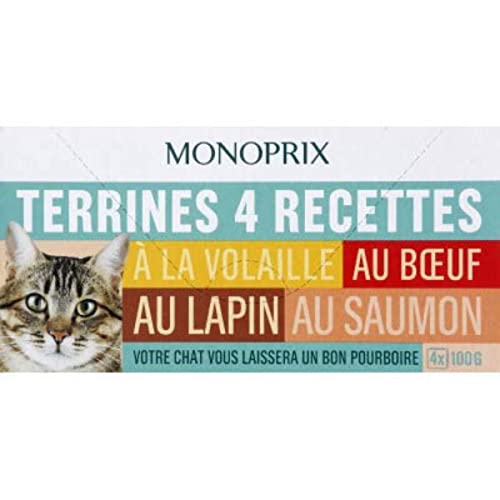 MONOPRIX Terrinen mit 4 Rezepten für Geflügel, Rind, Kaninchen, Lachs für Katzen – Die 4 Packungen à 100 g von MONOPRIX