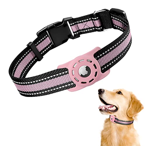 MOOGROU Reflektierendes Airtag-Hundehalsband, hochwertiges, weiches Silikon-Airtag-Halter mit atmungsaktivem Nylon-Haustierhalsband für Apple Airtag-Tracker, Haustierschlaufe, Rosa S von MOOGROU