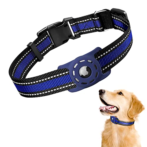 MOOGROU Reflektierendes Airtag-Hundehalsband, hochwertiges weiches Silikon, Airtag-Halterung mit atmungsaktivem Nylon-Haustierhalsband für Apple Airtag-Tracker, Blau, S von MOOGROU