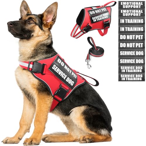 MOOGROU Service Dog Vest Harness and Leash Set + 10 Patches, No Pull & Easy Walk Reflective Dog Harness with Soft Padded Handle for Training/Everyday, Fit Small/Medium/Large/Extra Large Dogs(Red XL) von MOOGROU