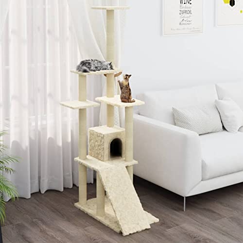 Kratzbaum mit Sisal-Kratzsäule, MOONAIRY Katzenkratzbaum, Kletterwand, Kratzbäume Für Katzen, Kratzstamm, Kratzbaum Deckenspanner,n Creme 155 cm von MOONAIRY