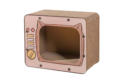 MOONMEOW Katzenhaus mit Kratzmatte, für Katzen, Kätzchen, kleine Haustiere, Indoor-Spielhaus, 39,9 cm L x 32 cm B x 31 cm H, brauner Fernseher (Rosa) von MOONMEOW