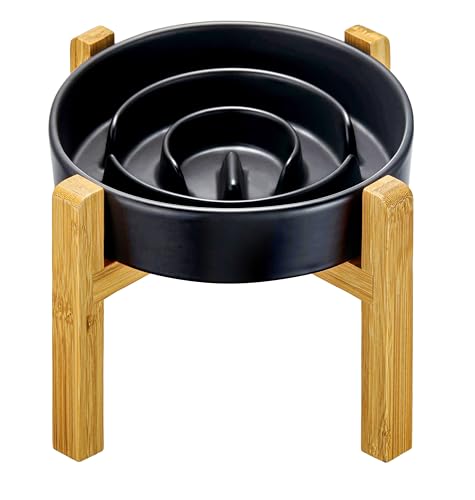 MOPANG Keramik Slow Feeder Hundenäpfe erhöht für mittlere und große Rassen, 2,0 Tassen Hund Slow Feeder mit Holzständer, Puzzle Hundenapf zum Verlangsamen des Essens, Labyrinth-Hundenapf, 850 ml, 20,3 von MOPANG