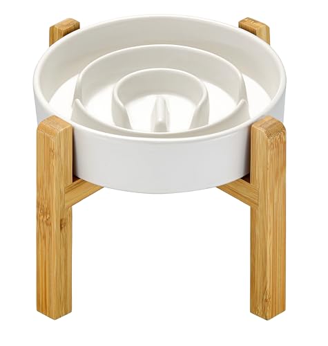 MOPANG Keramik Slow Feeder Hundenäpfe erhöht für mittlere und große Rassen, 2,0 Tassen Hund Slow Feeder mit Holzständer, Puzzle Hundenapf zum Verlangsamen des Essens, Labyrinth-Hundenapf, 850 ml, 20,3 von MOPANG