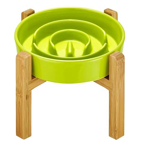 MOPANG Keramik Slow Feeder Hundenäpfe Erhöht für mittlere und große Rassen, 2 Tassen Hund Slow Feeder mit Holzständer, Puzzle Hundenapf zum Verlangsamen des Essens, Labyrinth-Hundenapf, 935.5 g, 20.3 von MOPANG