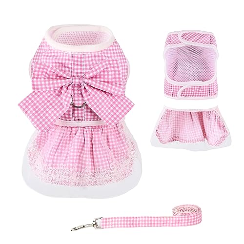 2-in-1-Kleid für kleine Hunde, kariert, Schleife, Prinzessinnenkleid mit Leine, Spitzenrock, Yorkie, Pommern, Chihuahua, Kleidung (Rosa, XL) von MORFORU