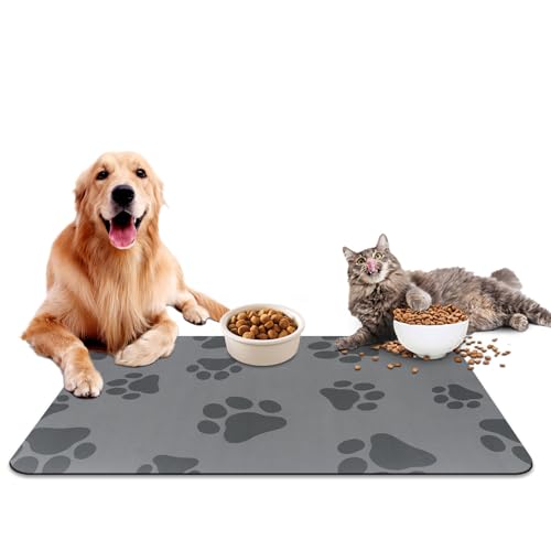 Napfunterlage rutschfeste Hund Katzen, 30 x 50 cm Super Saugfähige Futtermatte für Haustier, Grau Fressnapf Matte, Schnelltrocknende Katzenfuttermatte für Hunde und Katze von MORROWCAMP