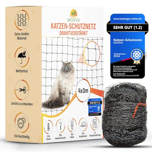 MORVA Katzennetz für Balkon ohne Bohren, 4x3m, schwarz, Katzennetz Drahtverstärkt, Befestigungsset inklusive, UV-beständig und bissfest, Katzengitter Fenster & Katzennetze für Balkon von MORVA