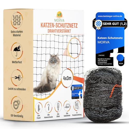 MORVA Katzennetz für Balkon ohne Bohren, 4x3m, schwarz, Katzennetz Drahtverstärkt, Befestigungsset inklusive, UV-beständig und bissfest, Katzengitter Fenster & Katzennetze für Balkon von MORVA