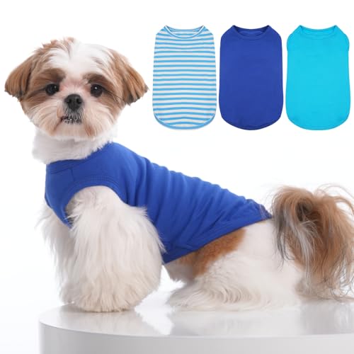 3er-Pack blau-gestreifte Hemden für Hunde, kleines, ärmelloses T-Shirt, für Frühling, Sommer, Herbst, Hunde-Shirts für kleine Hunde, gestreift, einfarbig, atmungsaktiv, Blau, Größe S von MORVIGIVE