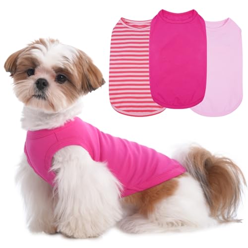 3er-Pack rosa gestreifte Hemden für Hunde, kleines, ärmelloses T-Shirt, für Frühling, Sommer, Herbst, Hunde-Shirts für kleine Hunde, gestreift, einfarbig, Kombination, leichte Haustier-Shirts, Rosa, von MORVIGIVE