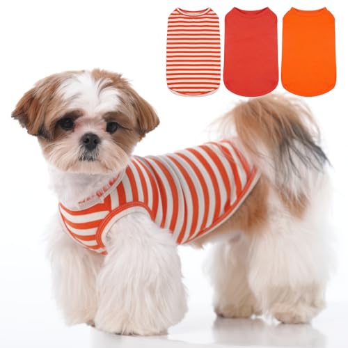 Gestreifte Hemden für Hunde, klein, ärmellos, für Frühling, Sommer, Herbst, Hunde-Shirts für kleine Hunde, gestreiftes einfarbiges Hunde-Shirt-Set, leicht, Orange, Größe S, 3er-Pack von MORVIGIVE