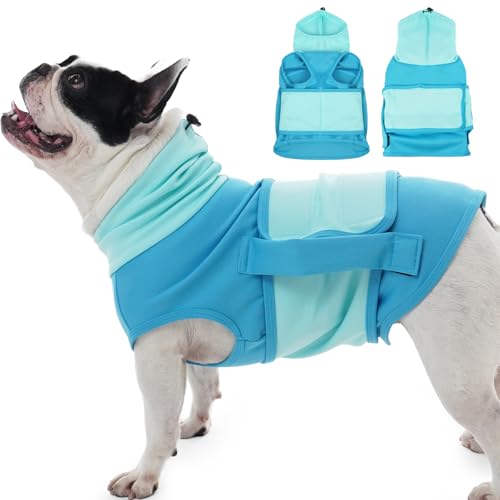 Hunde-Angstjacke, verstellbar, beruhigende Jacke für kleine Rassen, ärmellos und leicht, hoher Hals, hält Kopf und Ohren für Feuerwerk, Anti-Angst-Shirt für französische Bulldoggen, Blau, Größe M von MORVIGIVE