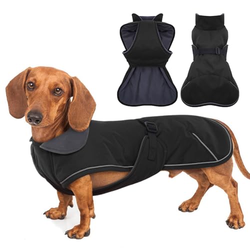 MORVIGIVE Dackelmantel, reflektierend, Dackel-Jacke, schwarz, Größe S, wasserdichte Dackelkleidung für den Winter, Hunde-Wintermantel mit Fleecefutter, Dackelmantel, Geschirr, verstellbarer von MORVIGIVE