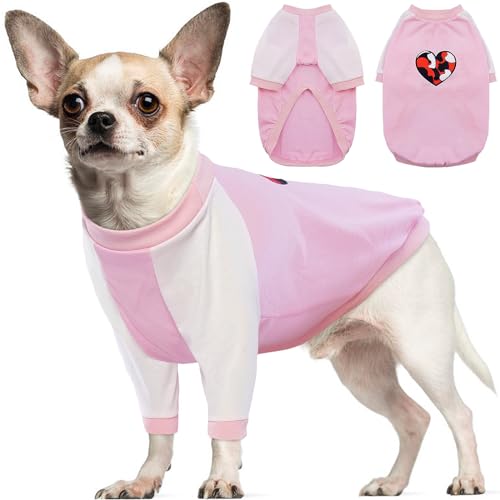 MORVIGIVE Hunde-Shirt, Sommer-Hundekleidung, Herzmuster, für kleine und mittelgroße Hunde, Jungen und Mädchen, atmungsaktives Hunde-T-Shirt mit Ärmeln, Rosa, Größe XS, Brustumfang ~ 35,1 cm von MORVIGIVE