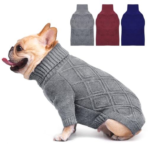 MORVIGIVE Hundepullover – Grau, Größe L – niedlicher klassischer Rollkragenpullover, Hundepullover für mittelgroße Hunde, Herbstpullover, Mops, französische Bulldogge von MORVIGIVE