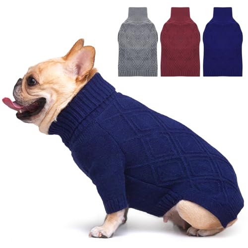 MORVIGIVE Hundepullover – Marineblau, Größe L – niedlicher gestrickter klassischer Rollkragenpullover, Hundepullover für mittelgroße Hunde und Jungen, Herbst-Hundepullover, Mops, französische von MORVIGIVE