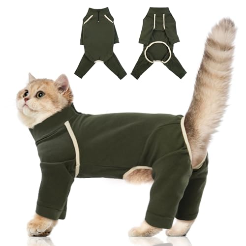 MORVIGIVE Katzen-Pyjama zur Tierhaarentfernung – Armeegrün, Größe M – Katzenmantel mit vier Beinen, Katzen-Einteiler für Katzen nach Operationen, atmungsaktiv, E-Halsband-Alternative für britische von MORVIGIVE