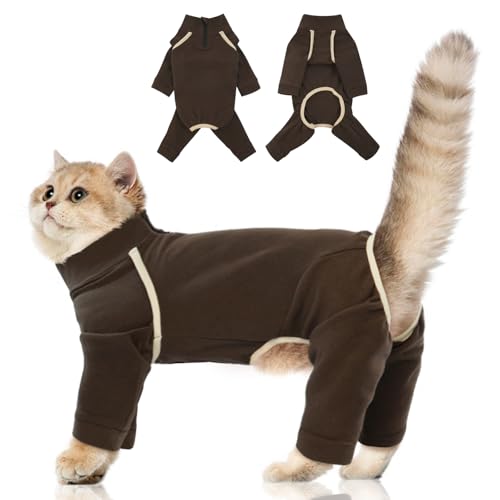 MORVIGIVE Katzen-Pyjama zur Tierhaarentfernung – Kaffeebraun, Größe M – Katzenmantel mit vier Beinen, Katzen-Einteiler für Katzen nach Operationen, atmungsaktiv, E-Halsband-Alternative für britische von MORVIGIVE