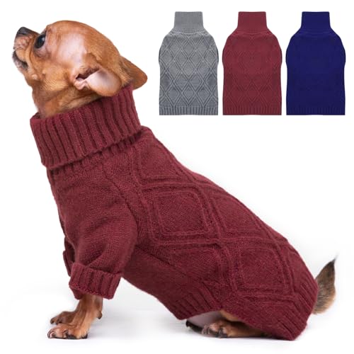 MORVIGIVE Kleiner Hundepullover – Burgunderrot, Größe XS – niedlicher gestrickter klassischer Hundepullover für kleine Hunde und Mädchen, Rollkragenpullover, Weihnachtspullover für Chihuahua, Welpen von MORVIGIVE